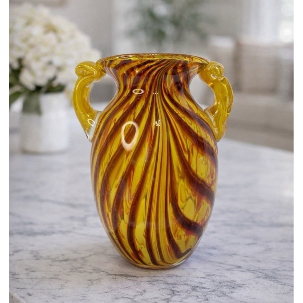 Murano Style Art Glass Case‎ Amber Red Swirl 8" Hand Blown With Handles